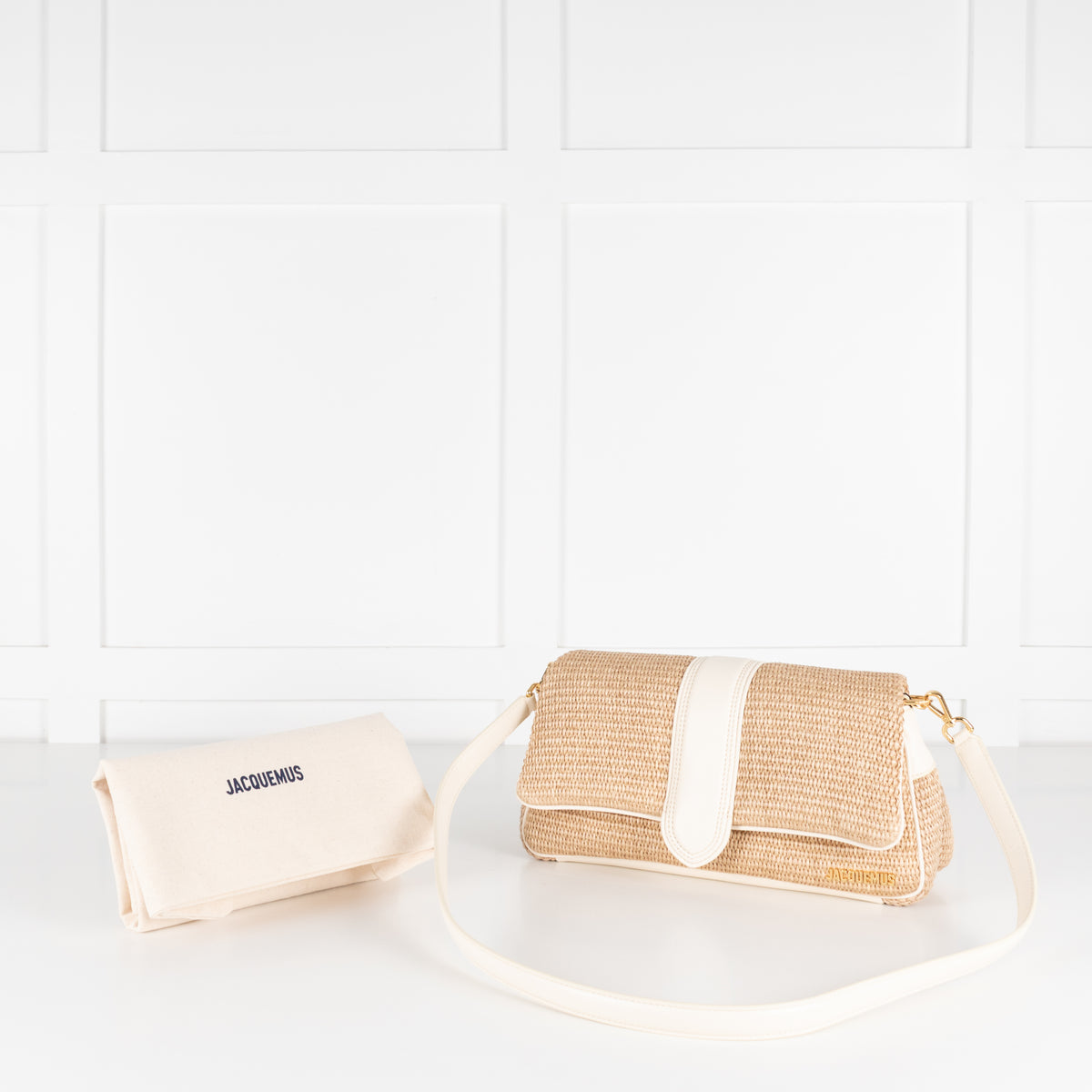 Jacquemus Le Bambimou Woven Raffia Shoulder Bag With White Leather Piping