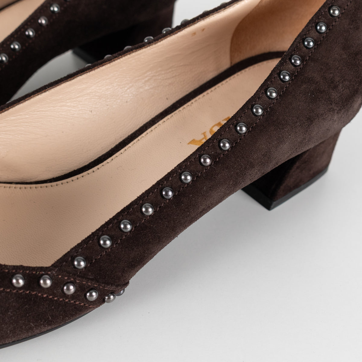 Prada Brown Suede Low Heel Pump With Silver Studs