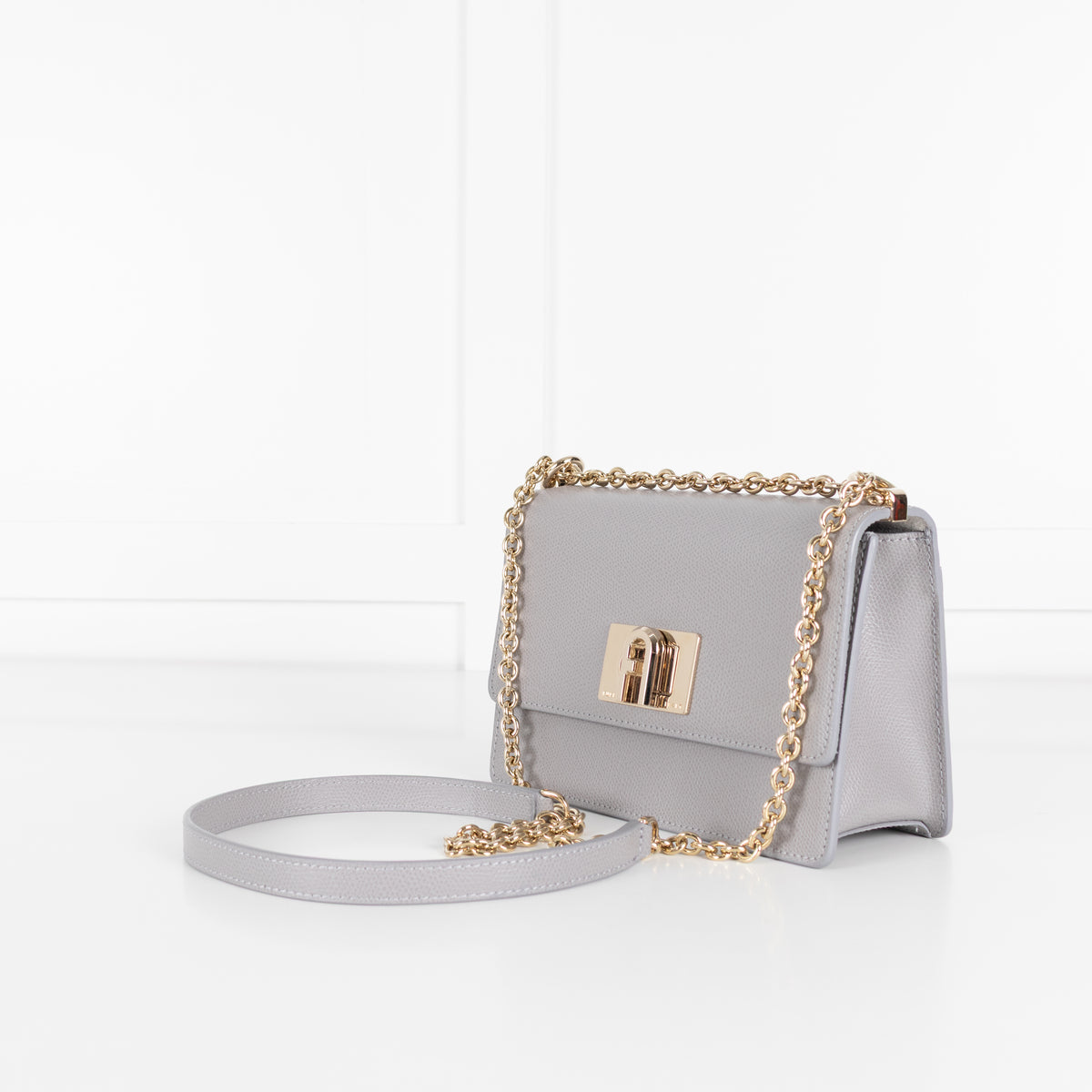 Furla Grey 1927 Grey Mini Crossbody With Fixed Gold Chain Strap