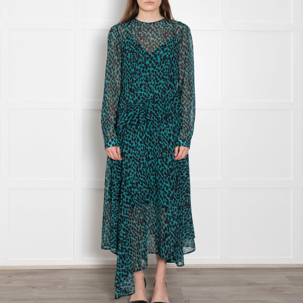 Markus Lupfer Teal Black Animal Print Long Sleeve Dress With Slip