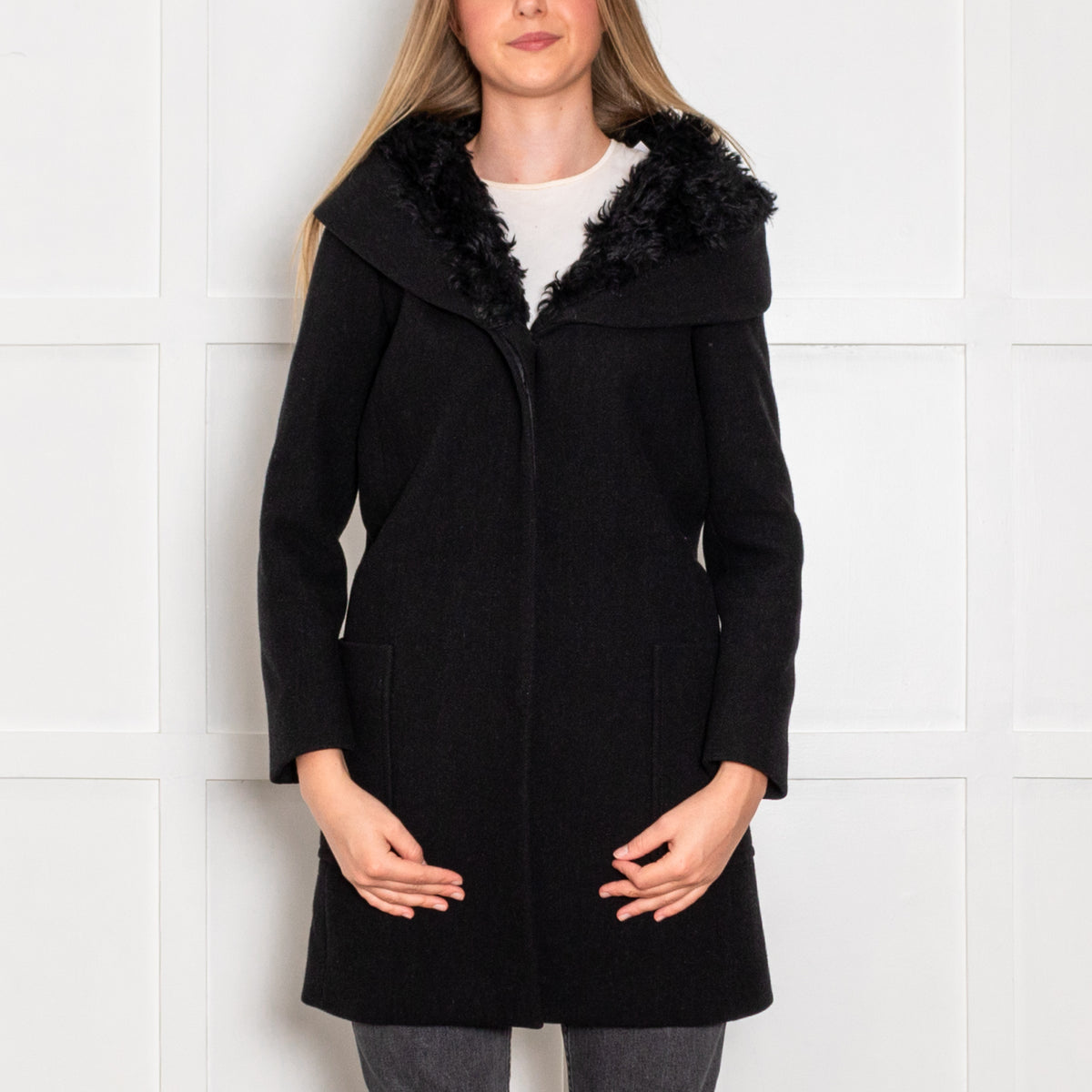 Prada Dark Grey Wool Faux Fur Trim Hooded Coat