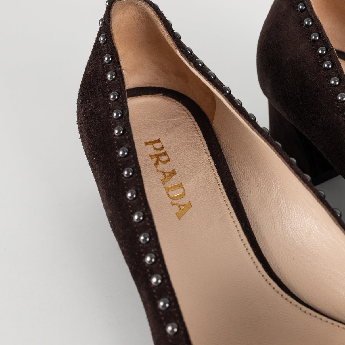 Prada Brown Suede Low Heel Pump With Silver Studs