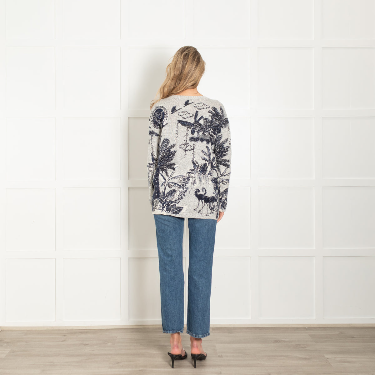 Christian Dior Grey & Blue Cashmere Mix 'Flora & Fauna' Embroidered Jumper