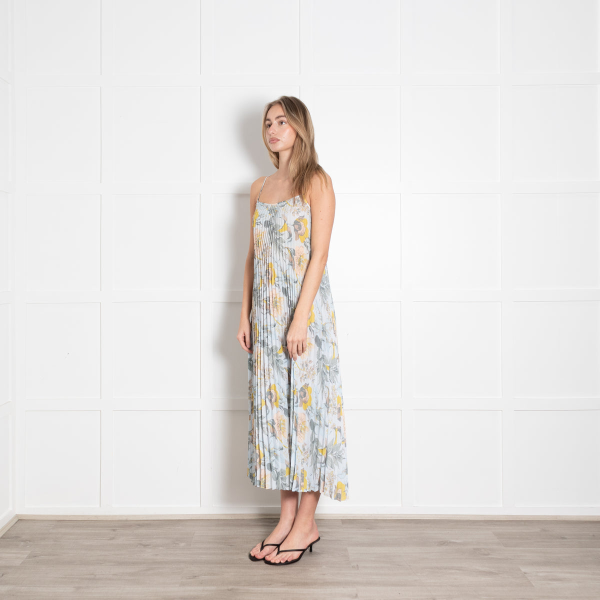 Vince Pale Blue and Green Floral Print Pleated Strappy Dress