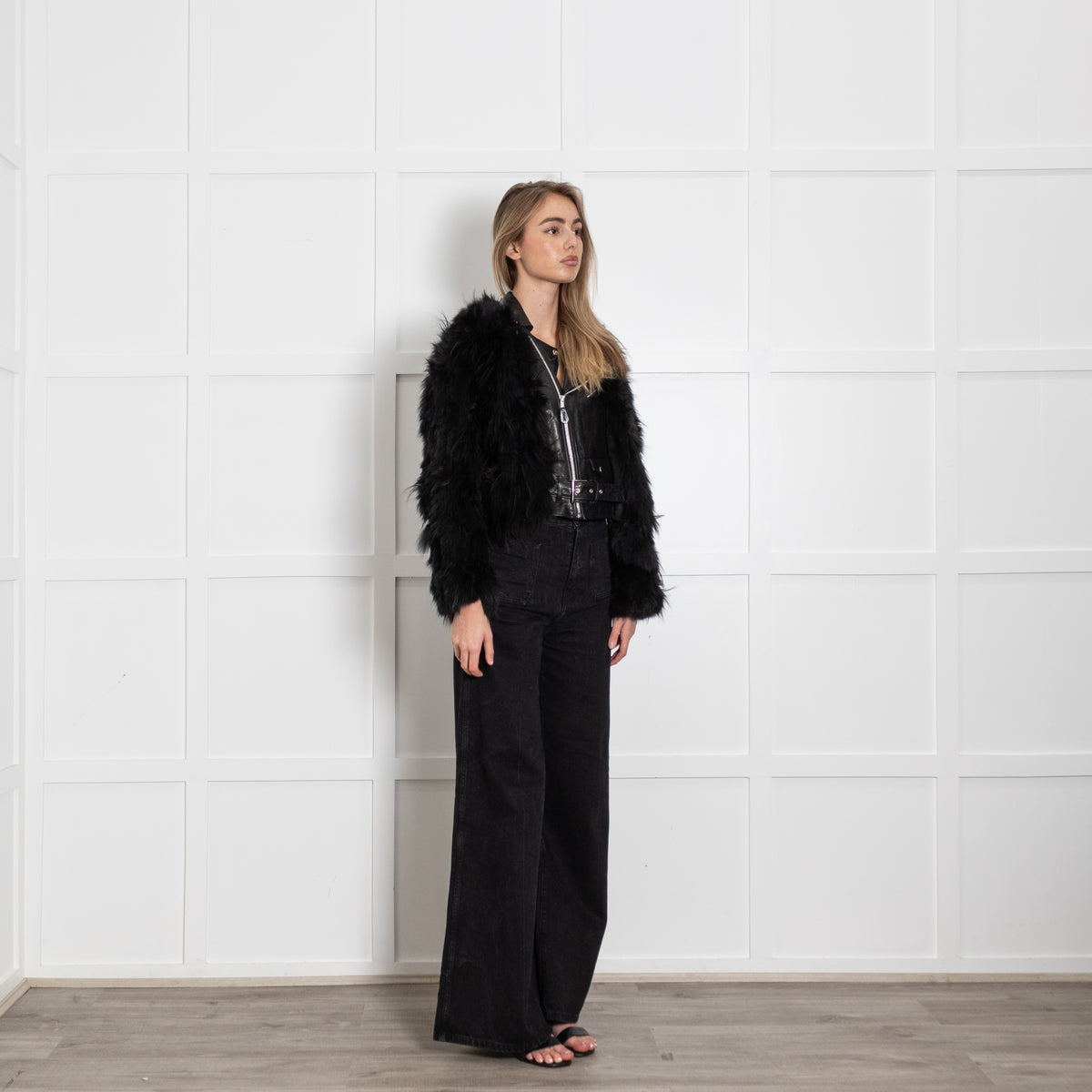 Toga Pulla Black Leather and Fur Biker Jacket