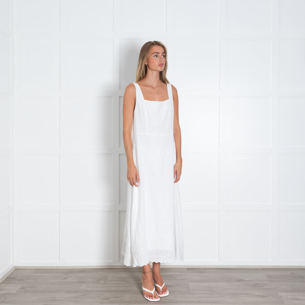 Riani White Linen Square Neck Maxi Dress With Scalloped Hem