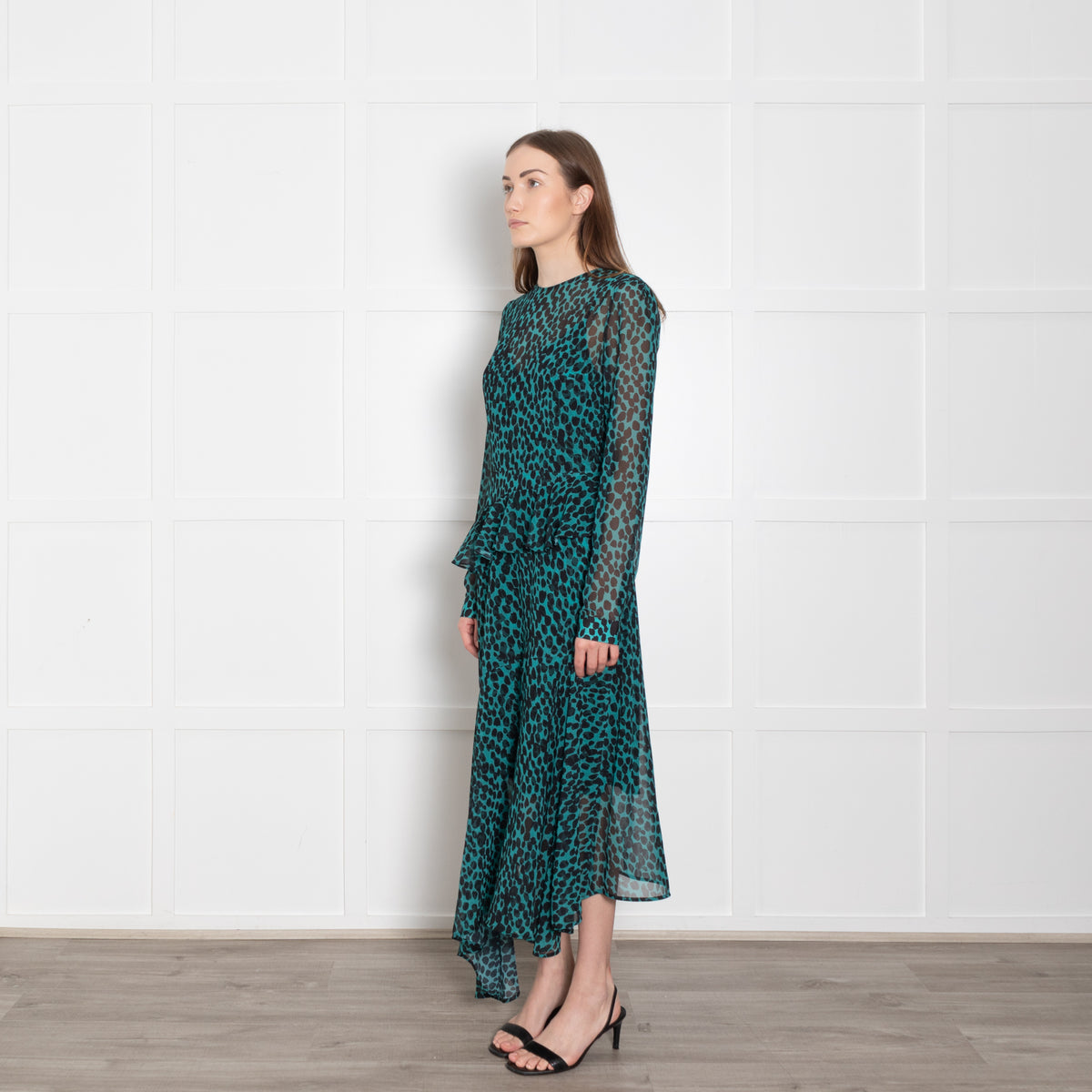 Markus Lupfer Teal Black Animal Print Long Sleeve Dress With Slip