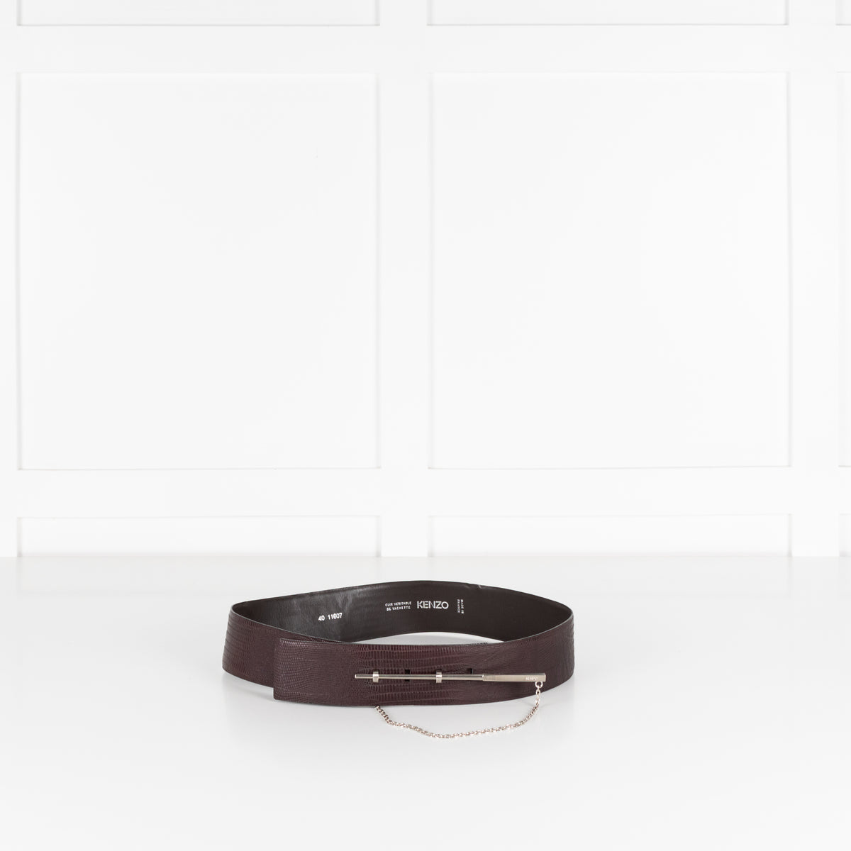Kenzo Brown Embossed Leather Metal Needle Detail Wide Belt
