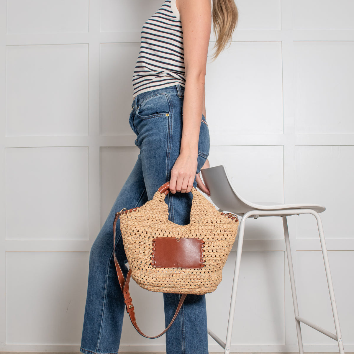 Ba&Sh Brown Ara Raffia Leather Hand Bag
