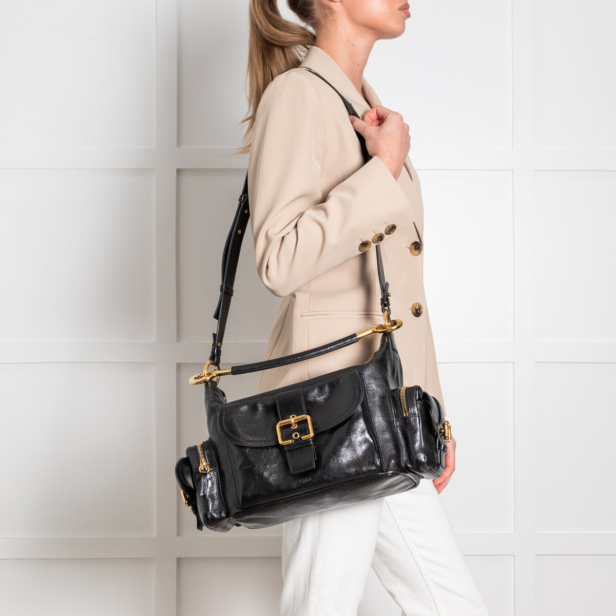 Chloe Black Shiny Leather Pockets Camera Bag