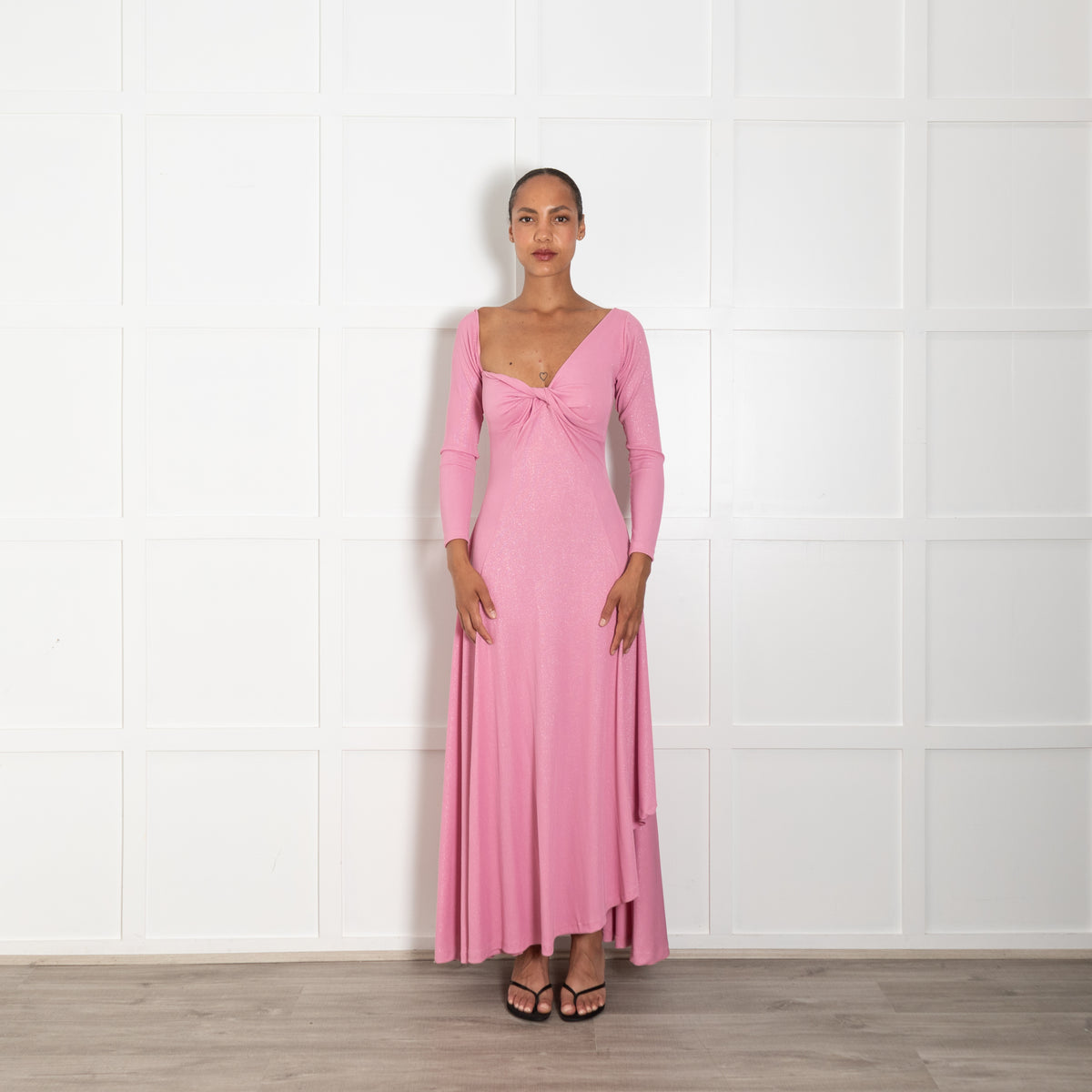 Gul Hurgel Pink Sparkly Maxi, Front Splits,  L/Sleeve Knot Front Dress