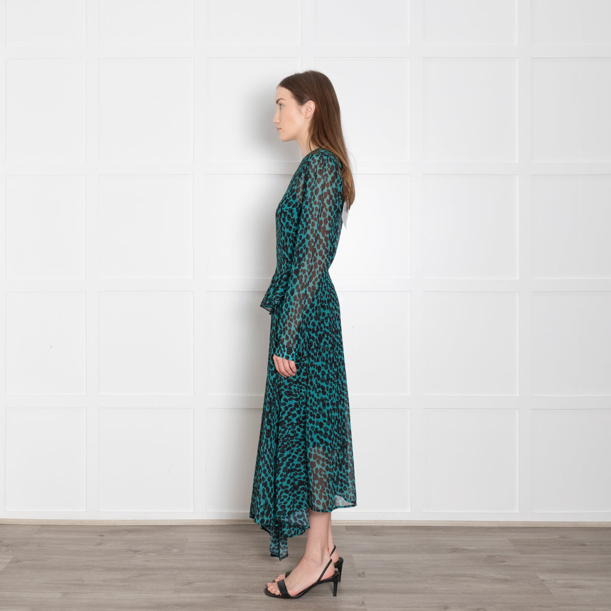 Markus Lupfer Teal Black Animal Print Long Sleeve Dress With Slip