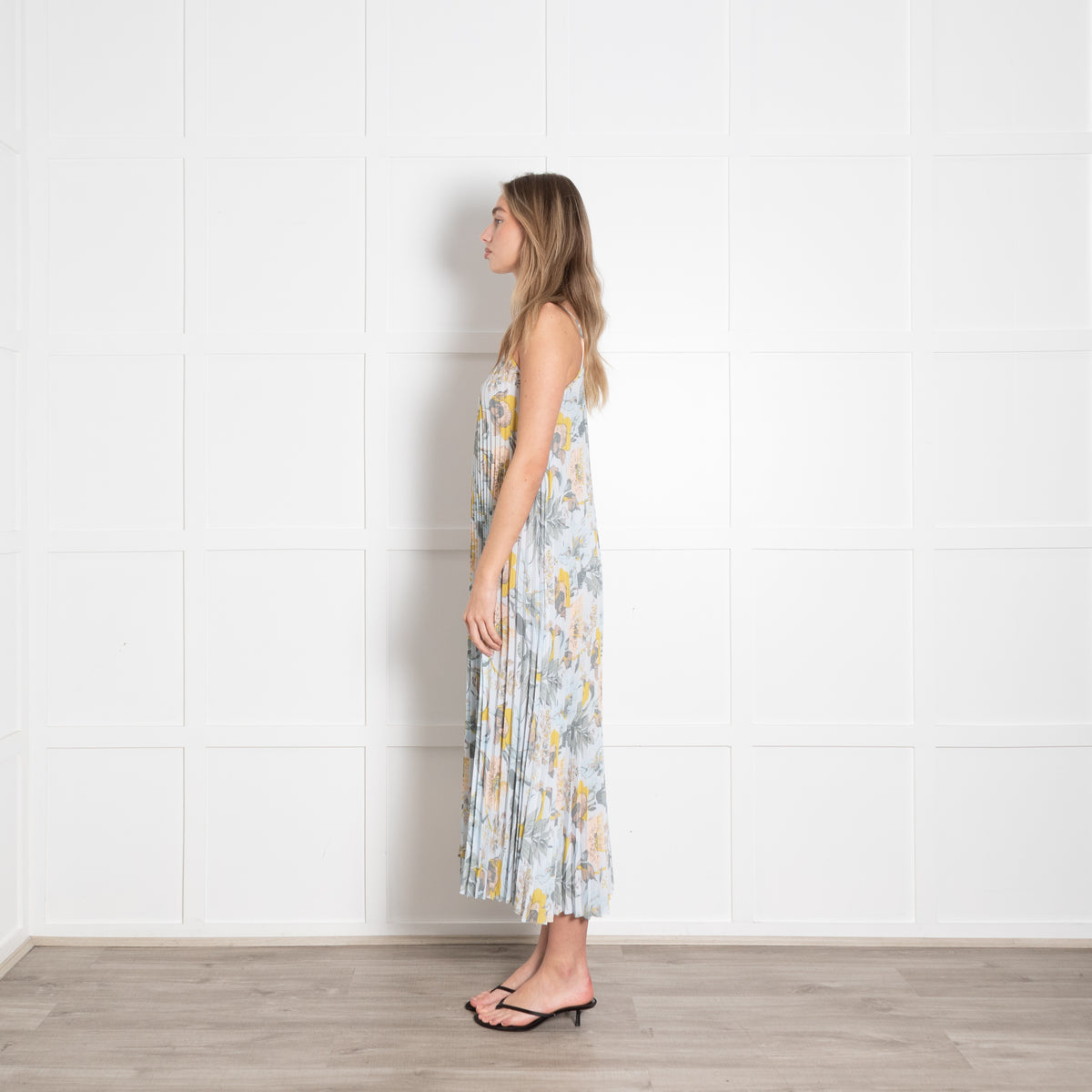 Vince Pale Blue and Green Floral Print Pleated Strappy Dress