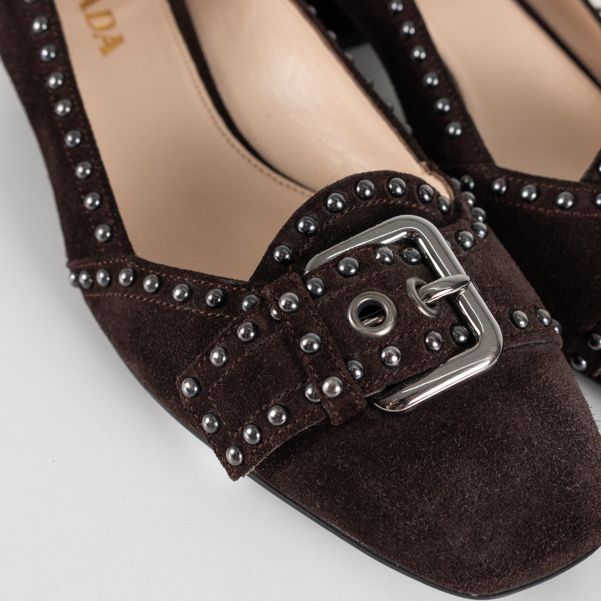 Prada Brown Suede Low Heel Pump With Silver Studs