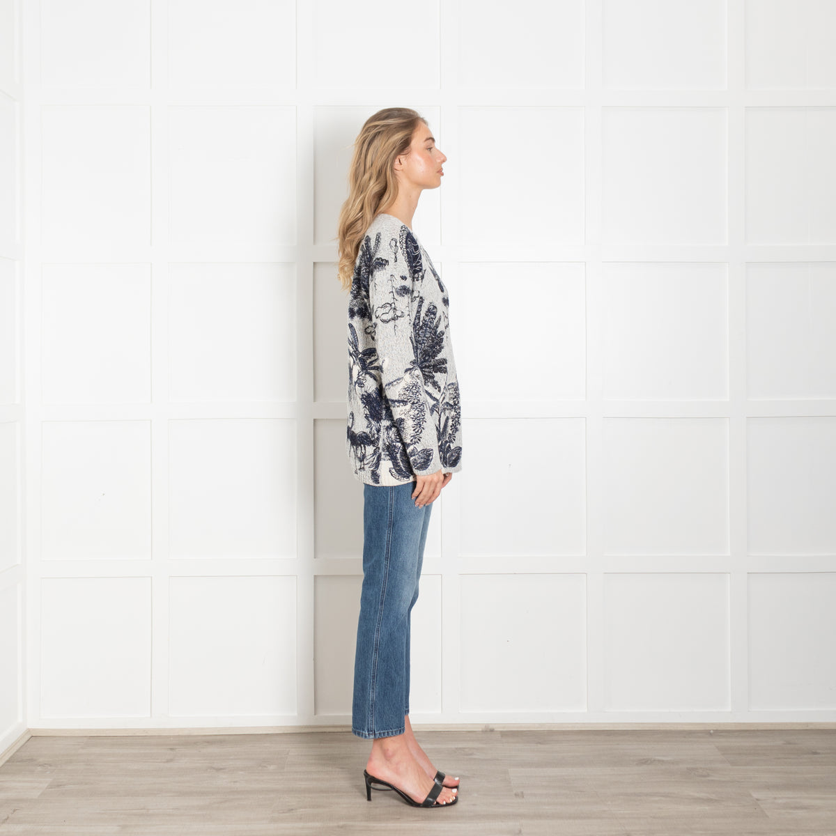 Christian Dior Grey & Blue Cashmere Mix 'Flora & Fauna' Embroidered Jumper