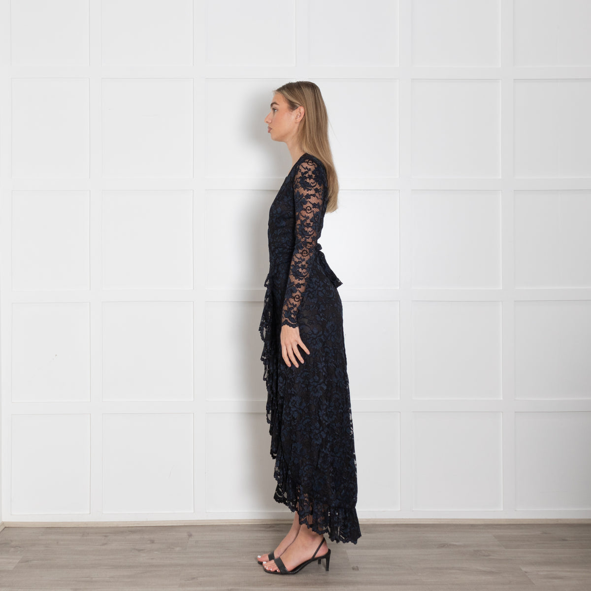 Ganni Black Navy Blue Lace Maxi Wrap Dress