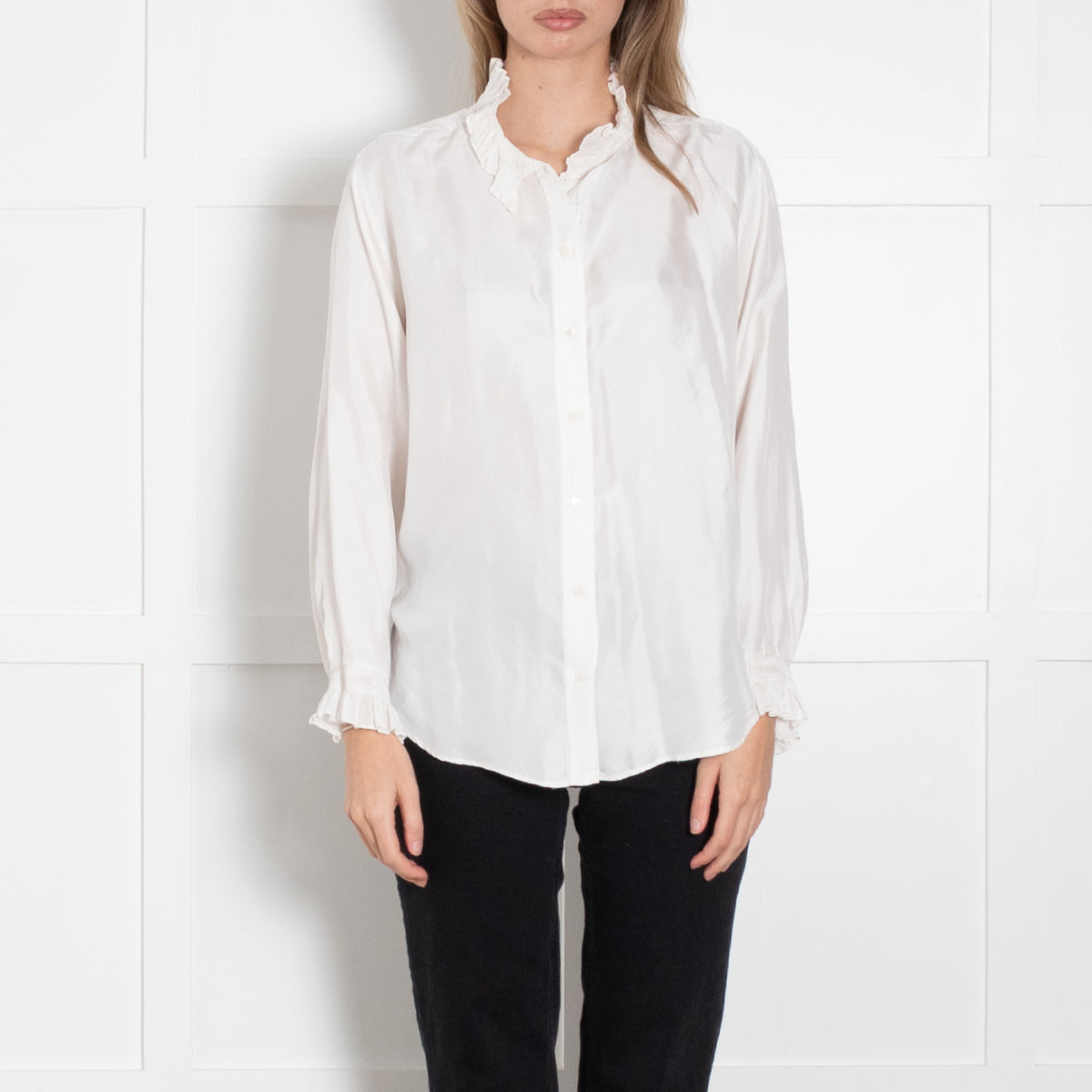 Sandro White High Frill Neck Top