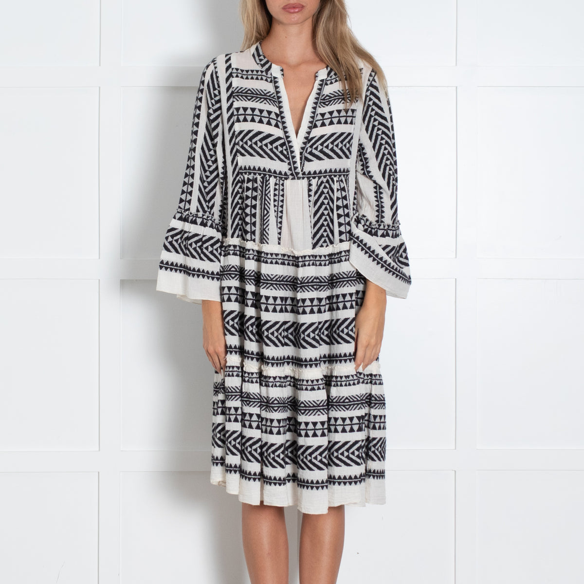 Devotion Twins Black And White Tribal Print Midi Dress