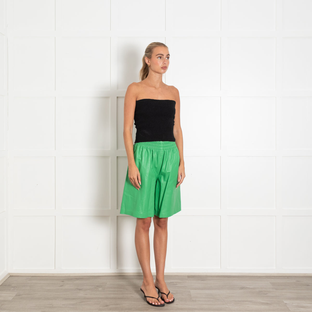 By Yoox Green High Waisted Leather Shorts