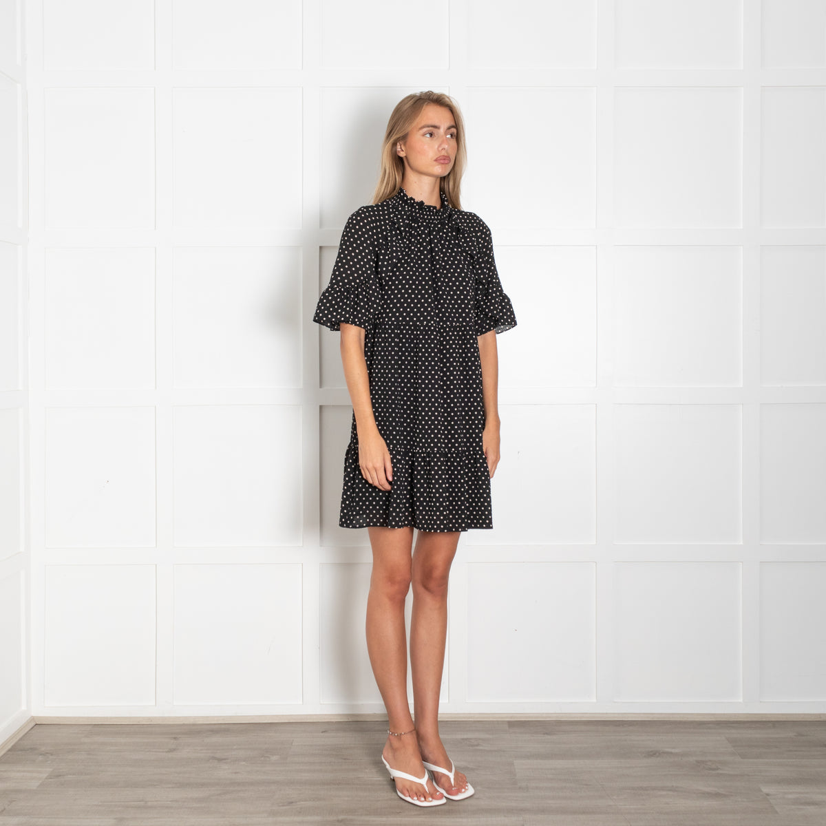 Sezane Black White Polka Dot Textured Fabric Mini Dress