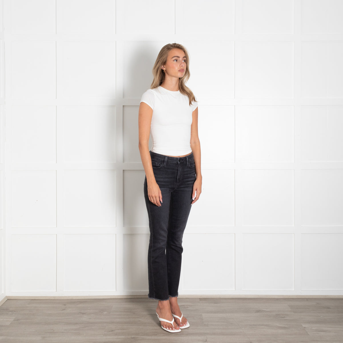 Paige Black Faded Fray Hem Boot Cut Jeans