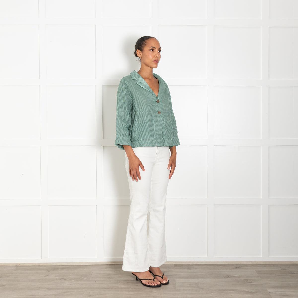TreBarraBi Green Gingham Linen Button Up Jacket