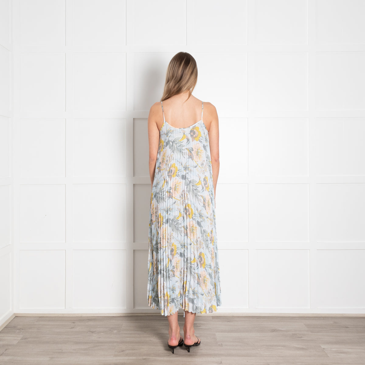 Vince Pale Blue and Green Floral Print Pleated Strappy Dress