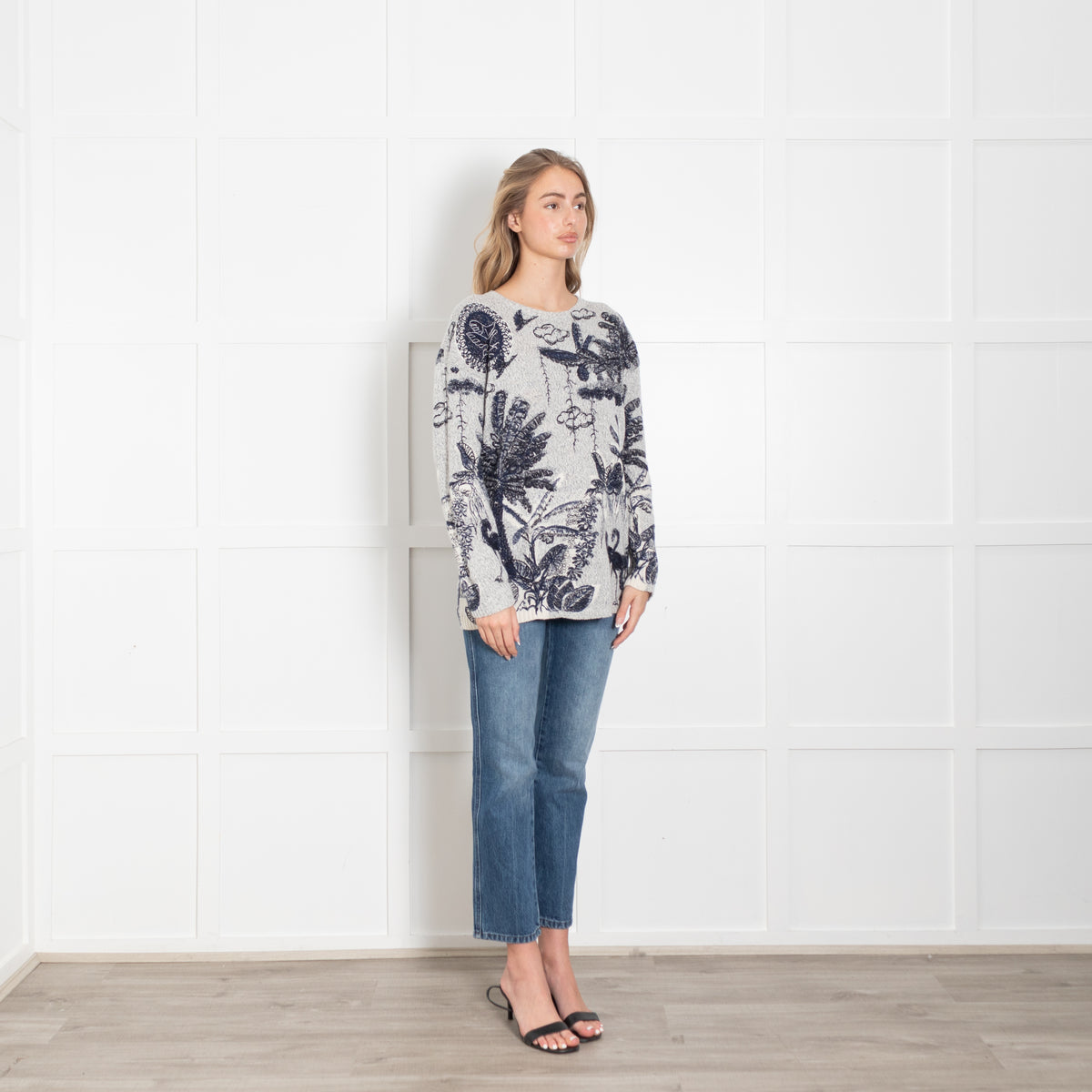 Christian Dior Grey & Blue Cashmere Mix 'Flora & Fauna' Embroidered Jumper