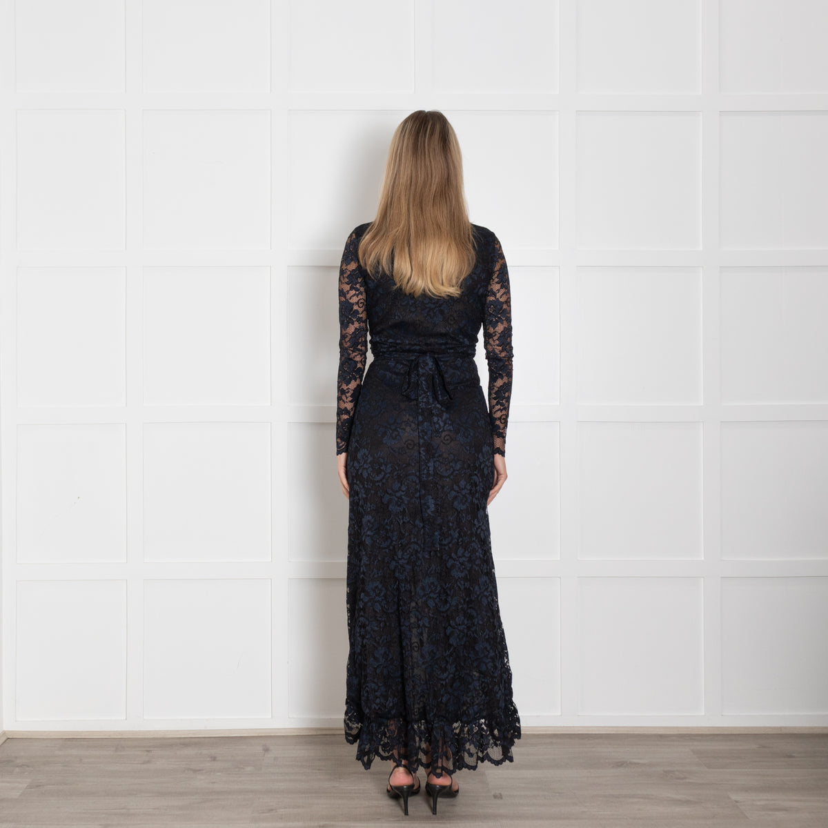 Ganni Black Navy Blue Lace Maxi Wrap Dress