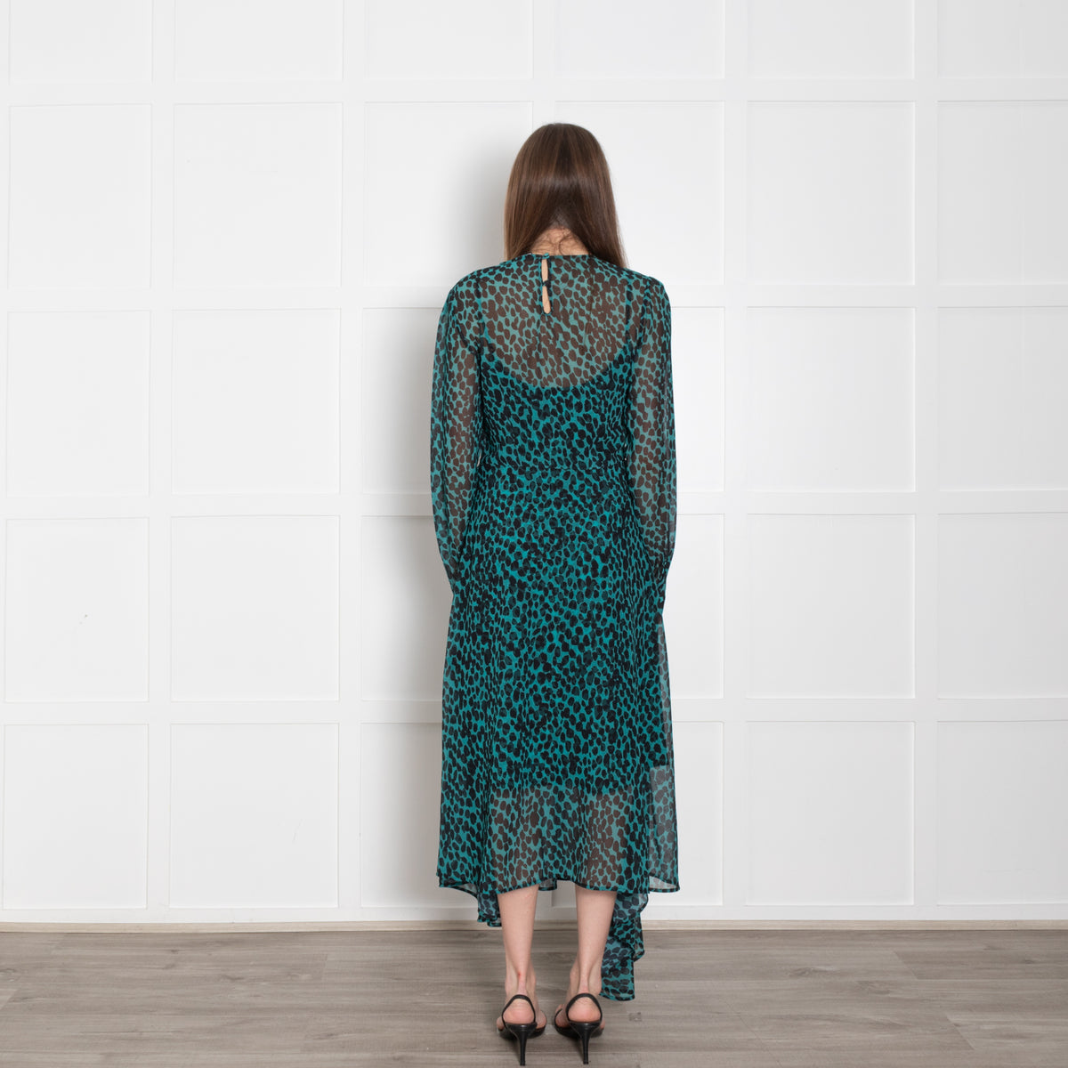 Markus Lupfer Teal Black Animal Print Long Sleeve Dress With Slip