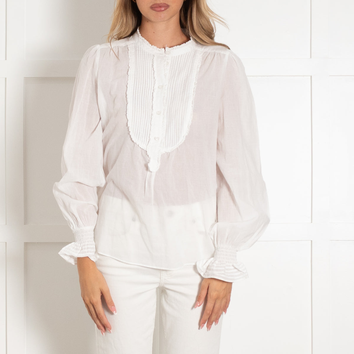 Me + Em White Cotton Bib And Lace Front Shirt