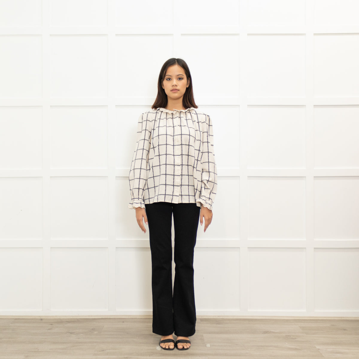 ba&sh Black & Cream Checked Cotton Blouse With Frill Cuffs & Collar