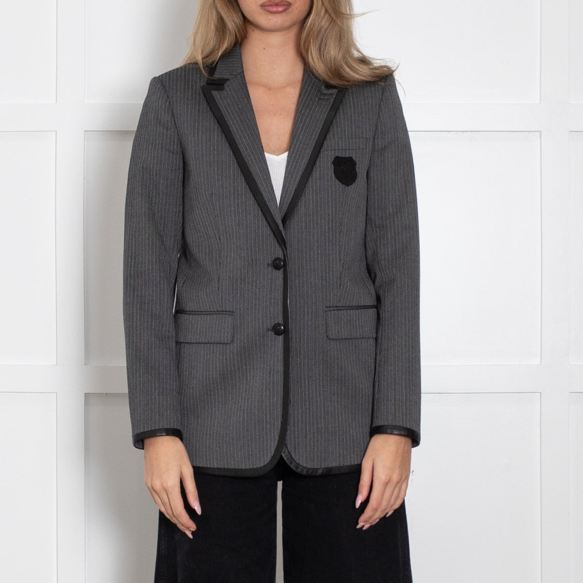 The Kooples Grey & Black Pinstripe Jacket With Leather Trim