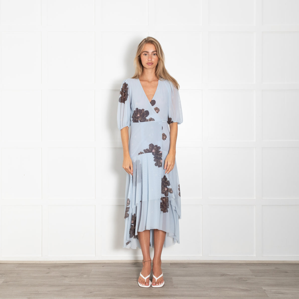 Ganni Pale Blue Brown Floral Wrap Dress