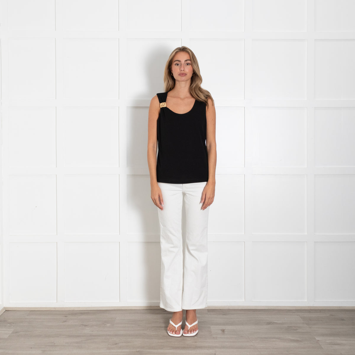 Donna Karan Black Sleeveless Top With Gold Buckle