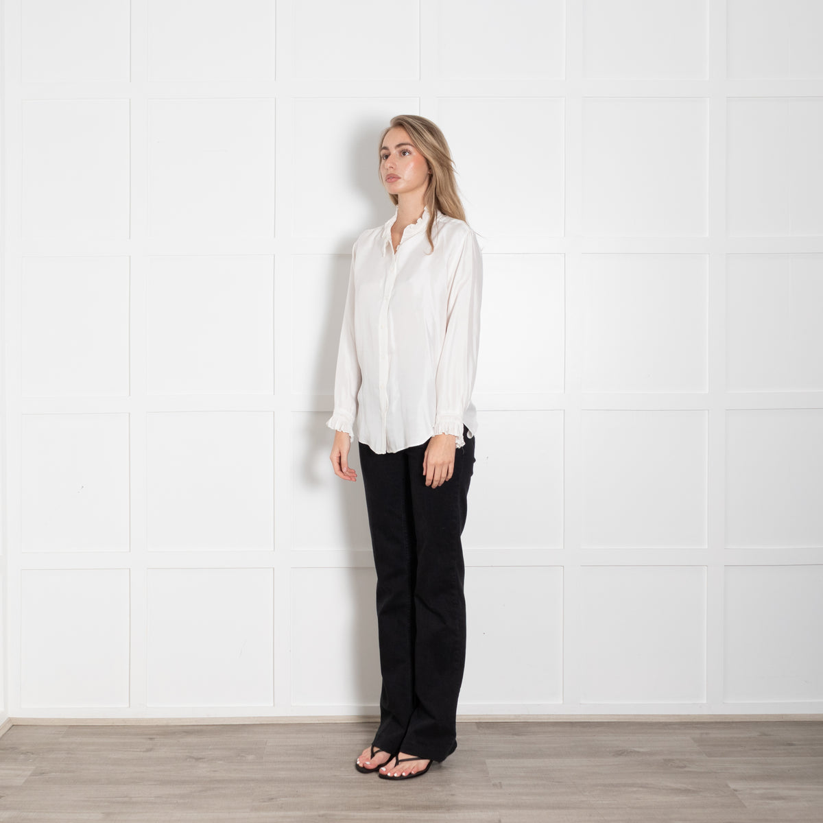 Sandro White High Frill Neck Top