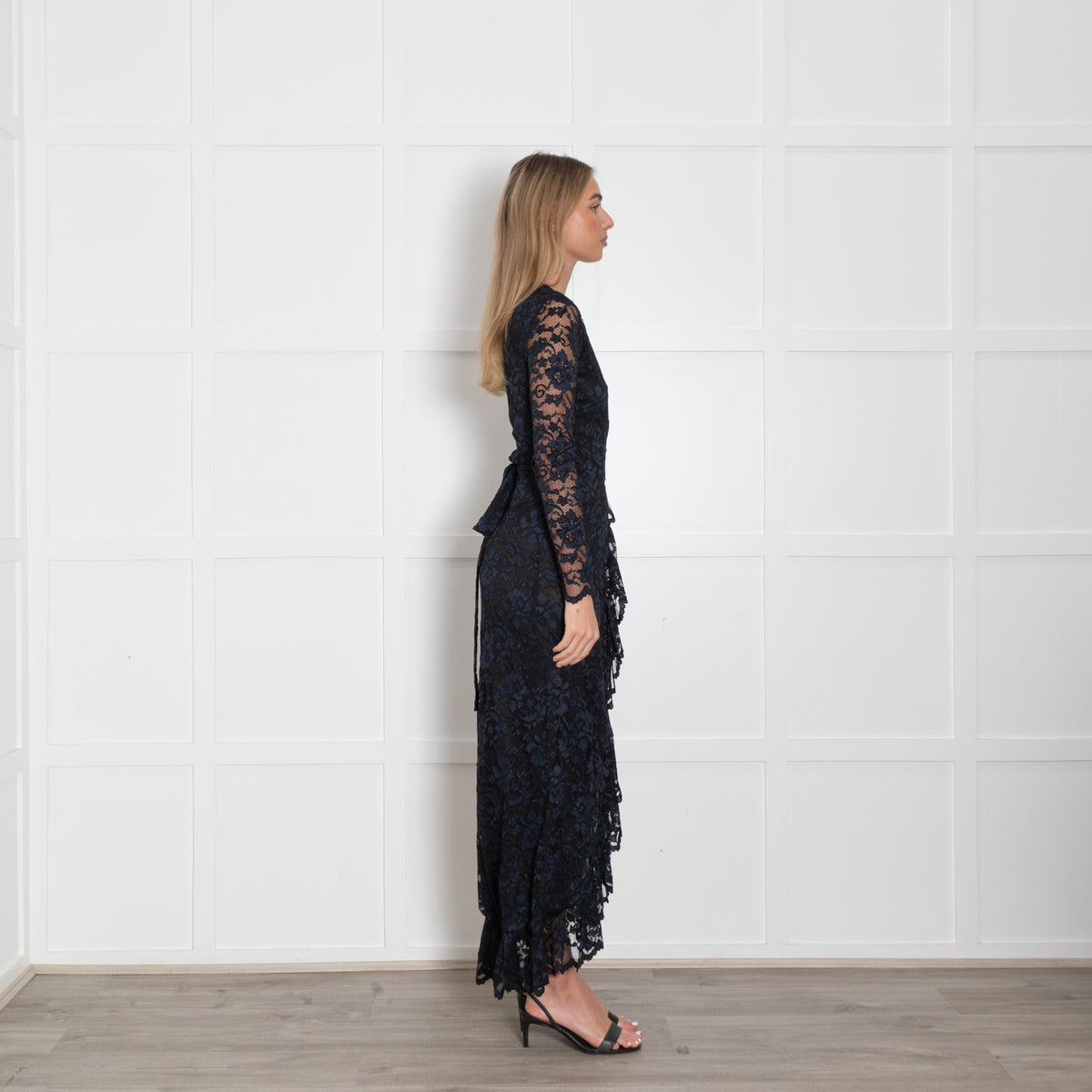 Ganni Black Navy Blue Lace Maxi Wrap Dress