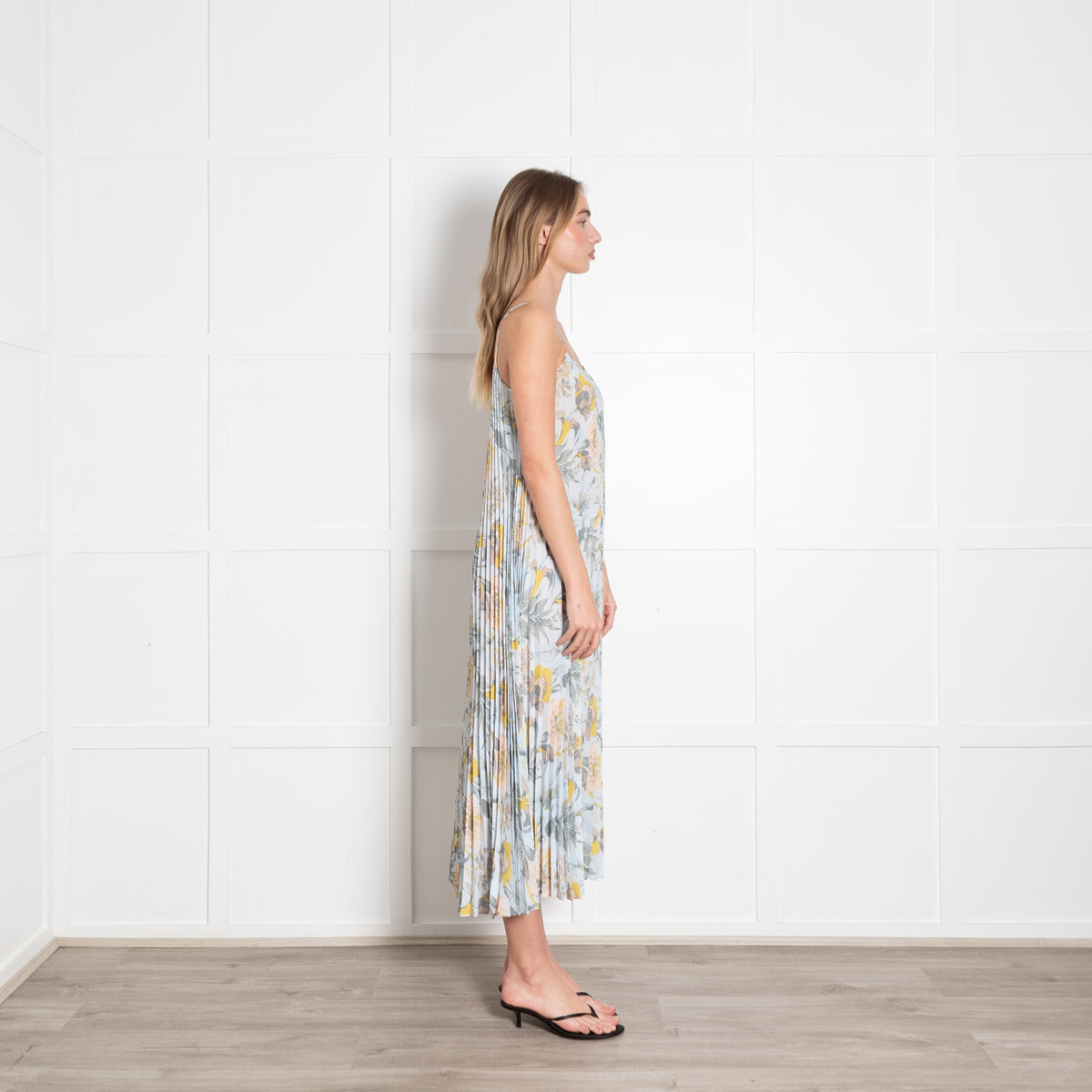 Vince Pale Blue and Green Floral Print Pleated Strappy Dress