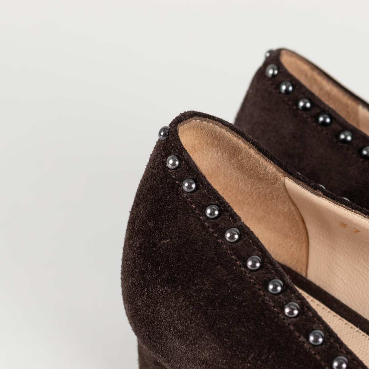 Prada Brown Suede Low Heel Pump With Silver Studs