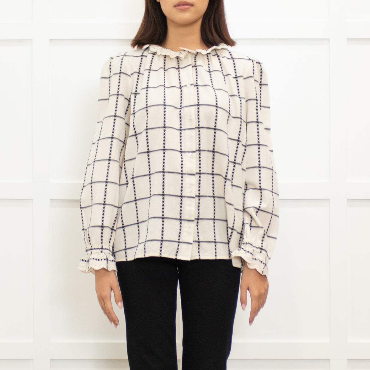 ba&sh Black & Cream Checked Cotton Blouse With Frill Cuffs & Collar