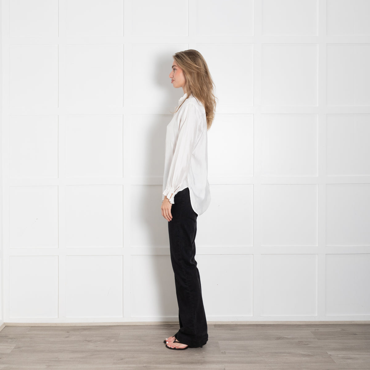 Sandro White High Frill Neck Top