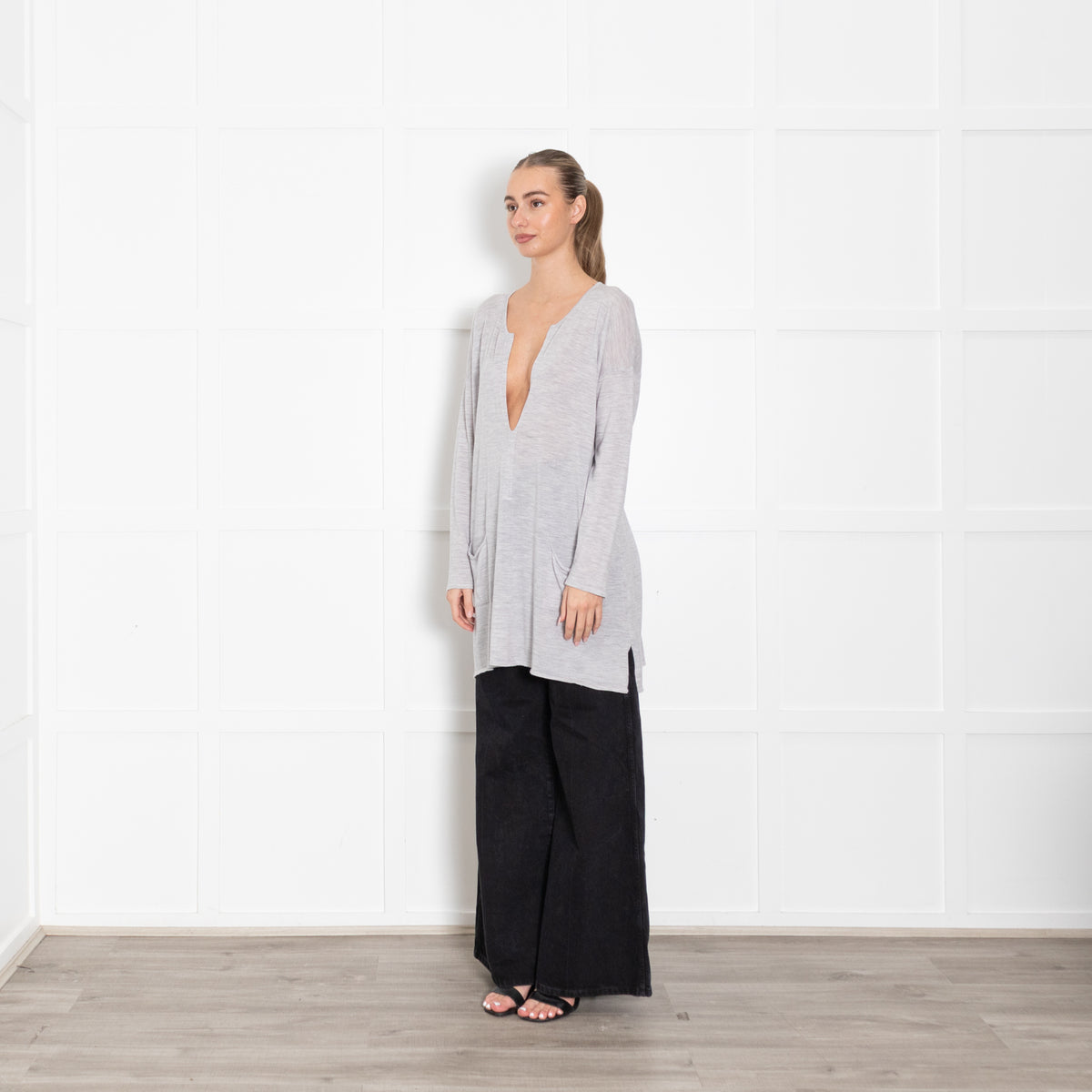 Bamford Merino Wool Grey Deep V Top