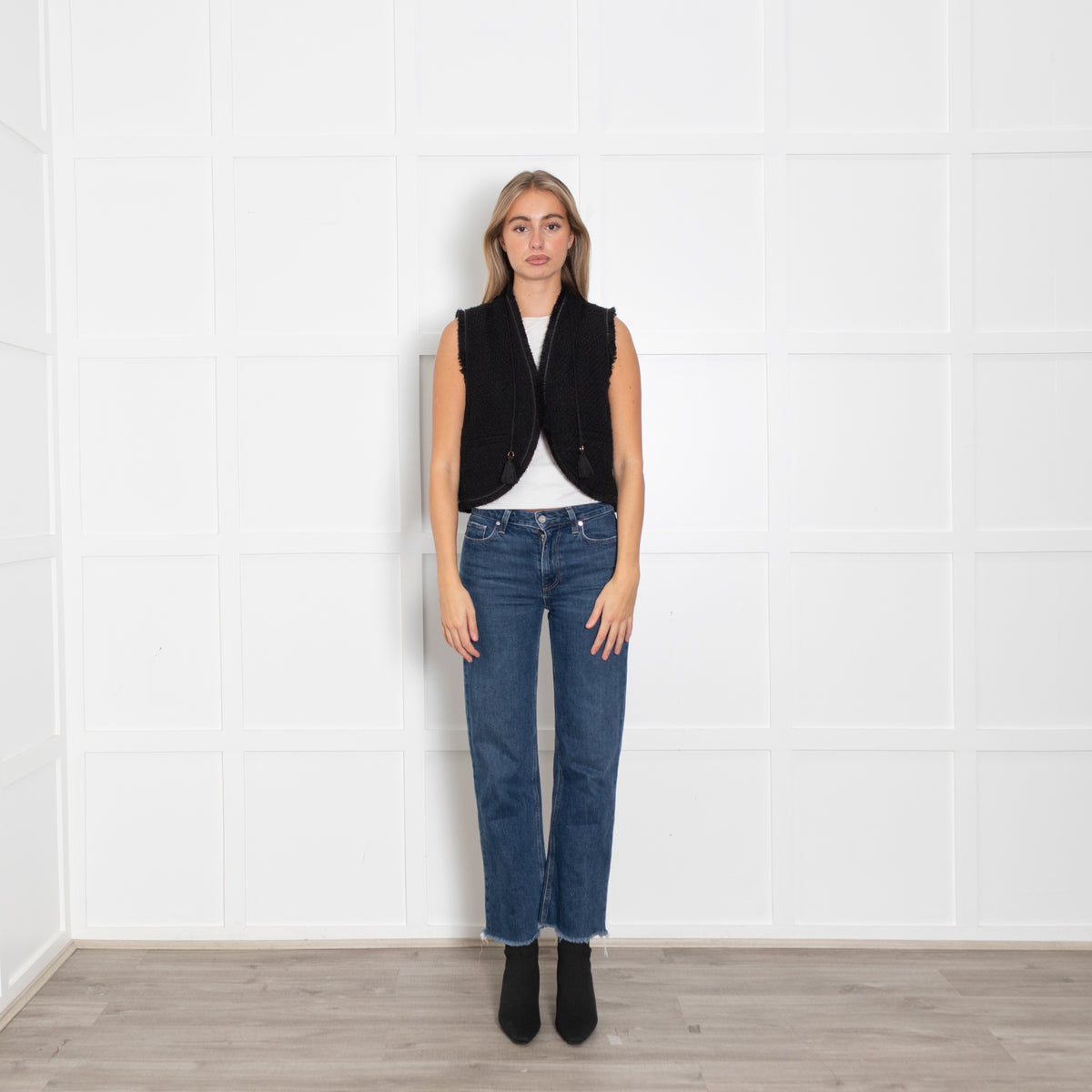 Maje Black Tweed Fringed Edge Waistcoat