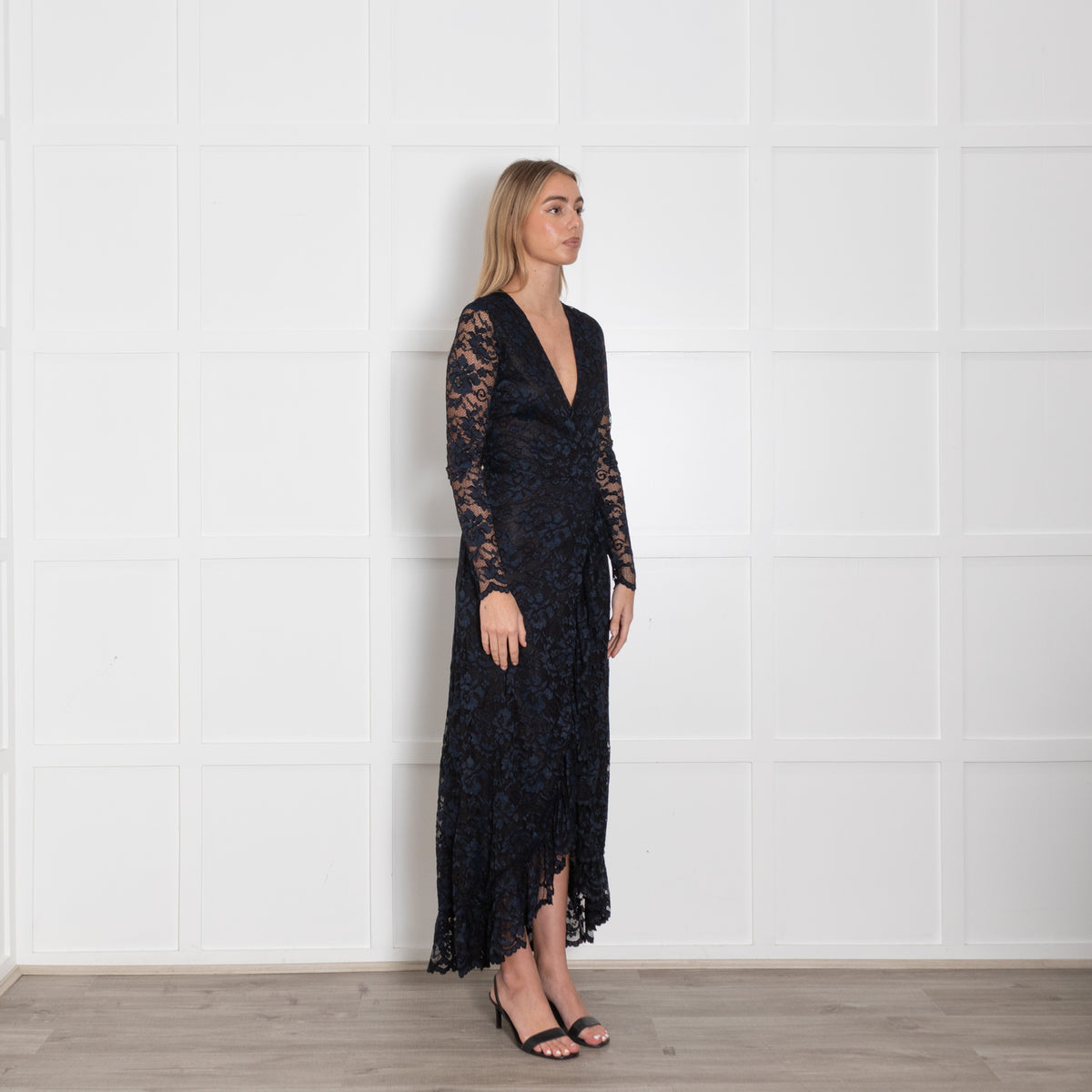 Ganni Black Navy Blue Lace Maxi Wrap Dress