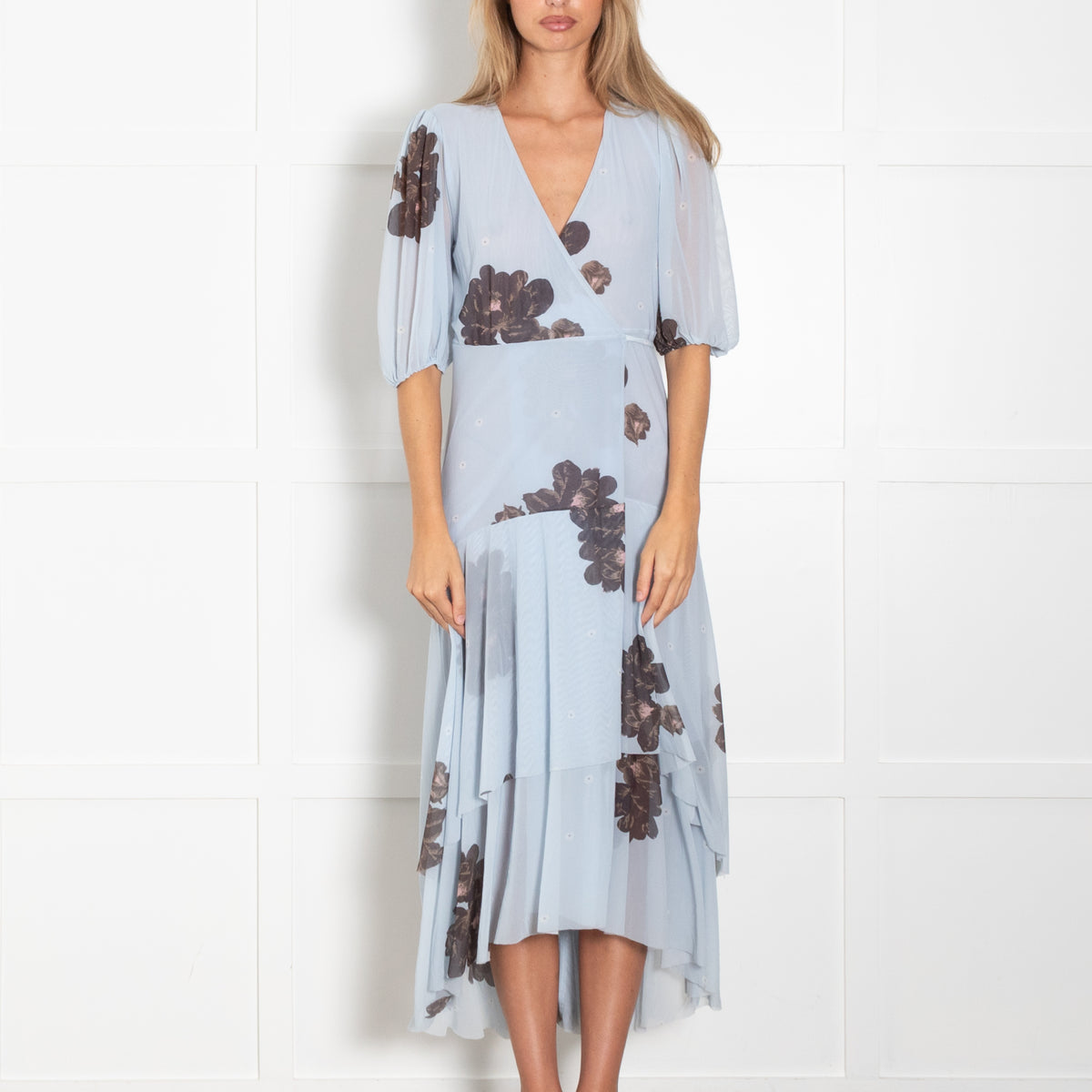 Ganni Pale Blue Brown Floral Wrap Dress