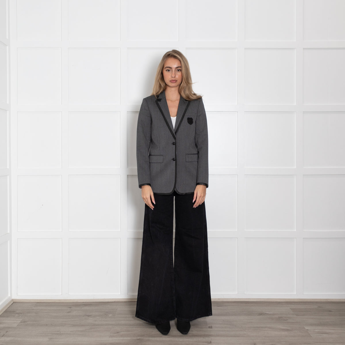 The Kooples Grey & Black Pinstripe Jacket With Leather Trim