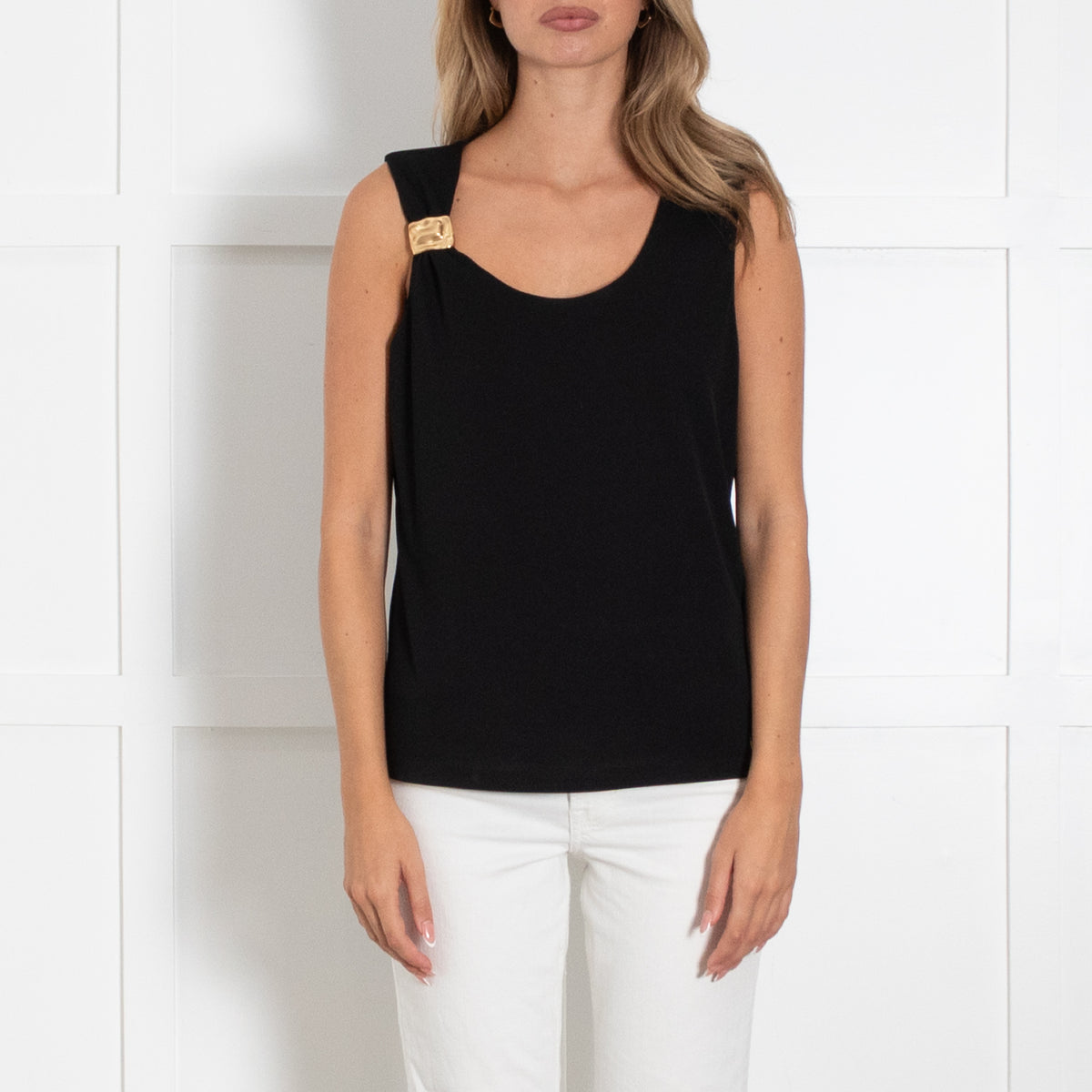 Donna Karan Black Sleeveless Top With Gold Buckle