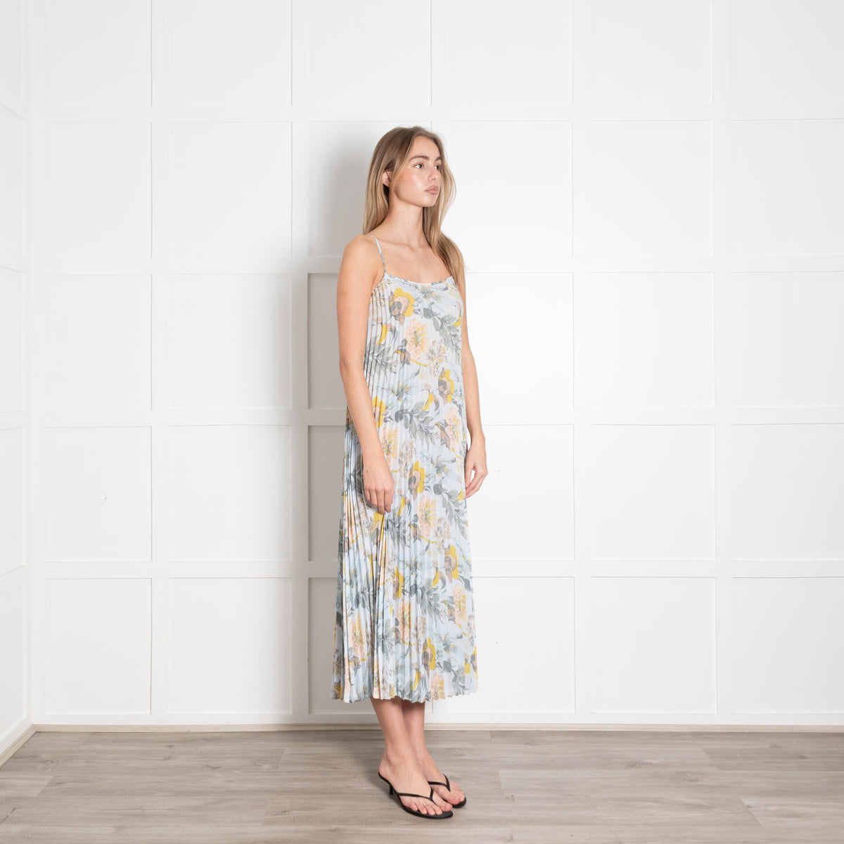Vince Pale Blue and Green Floral Print Pleated Strappy Dress