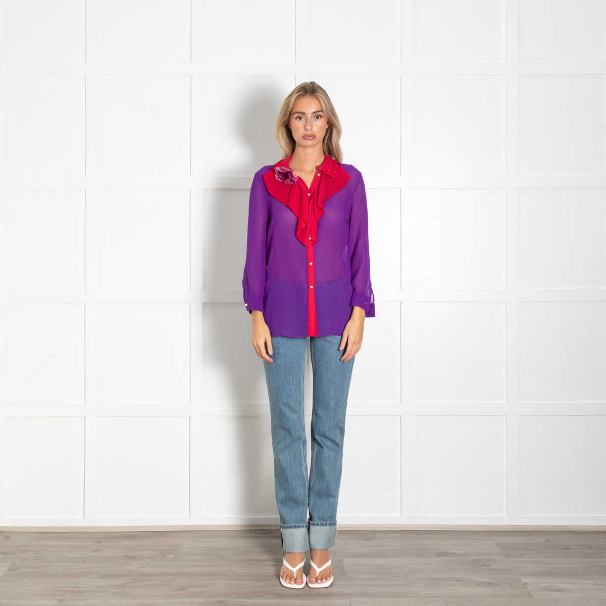 Gucci Purple Pink Ruffle Front Pearl Button Shirt Flower Brooch