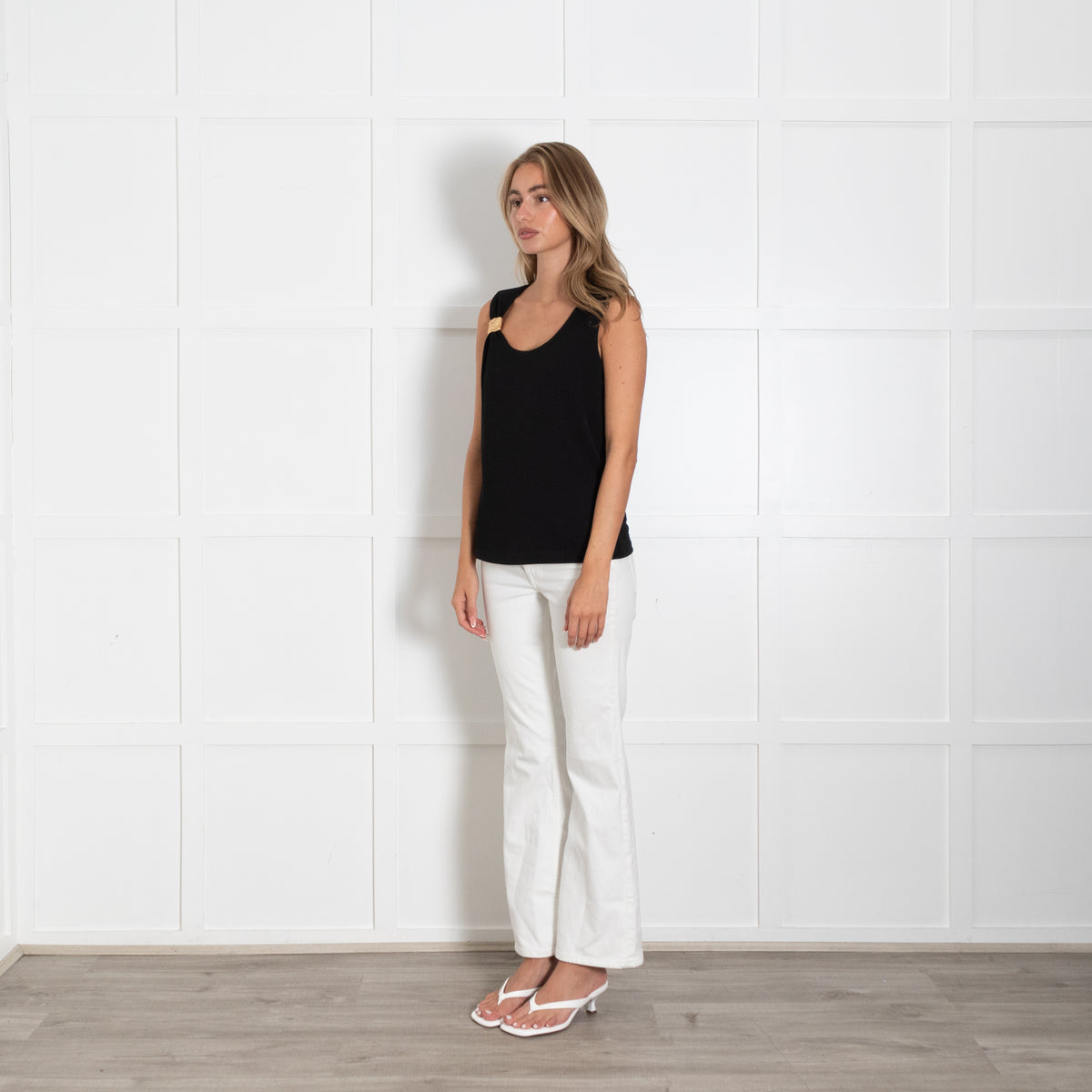 Donna Karan Black Sleeveless Top With Gold Buckle